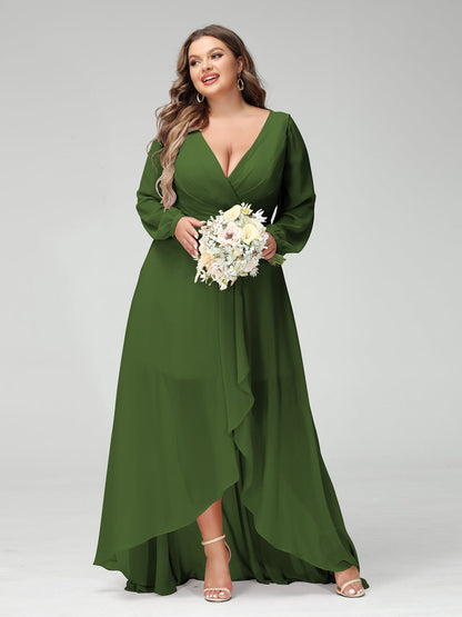Vestidos Princesa/ Formato A Decote Em V Manga Comprida Chiffon Folhos Assimétricos Vestidos de Dama de Honra com Bolsos