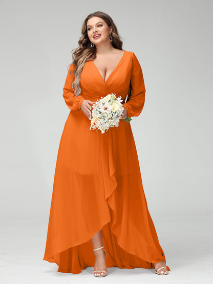 Vestidos Princesa/ Formato A Decote Em V Manga Comprida Chiffon Folhos Assimétricos Vestidos de Dama de Honra com Bolsos
