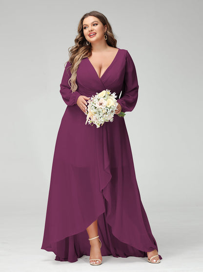 Vestidos Princesa/ Formato A Decote Em V Manga Comprida Chiffon Folhos Assimétricos Vestidos de Dama de Honra com Bolsos