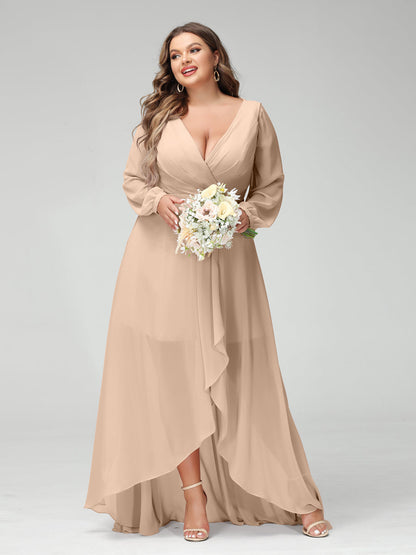 Vestidos Princesa/ Formato A Decote Em V Manga Comprida Chiffon Folhos Assimétricos Vestidos de Dama de Honra com Bolsos