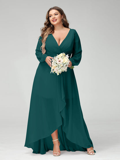 Vestidos Princesa/ Formato A Decote Em V Manga Comprida Chiffon Folhos Assimétricos Vestidos de Dama de Honra com Bolsos