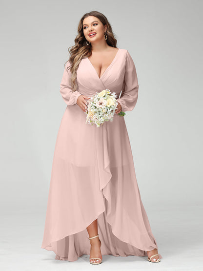 Vestidos Princesa/ Formato A Decote Em V Manga Comprida Chiffon Folhos Assimétricos Vestidos de Dama de Honra com Bolsos