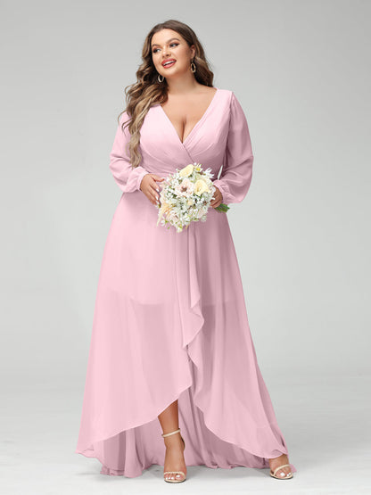 Vestidos Princesa/ Formato A Decote Em V Manga Comprida Chiffon Folhos Assimétricos Vestidos de Dama de Honra com Bolsos