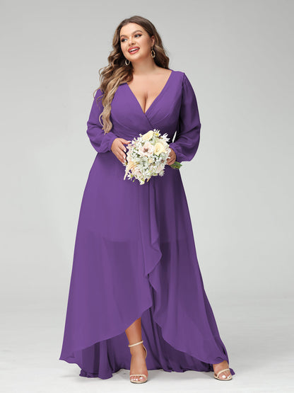 Vestidos Princesa/ Formato A Decote Em V Manga Comprida Chiffon Folhos Assimétricos Vestidos de Dama de Honra com Bolsos