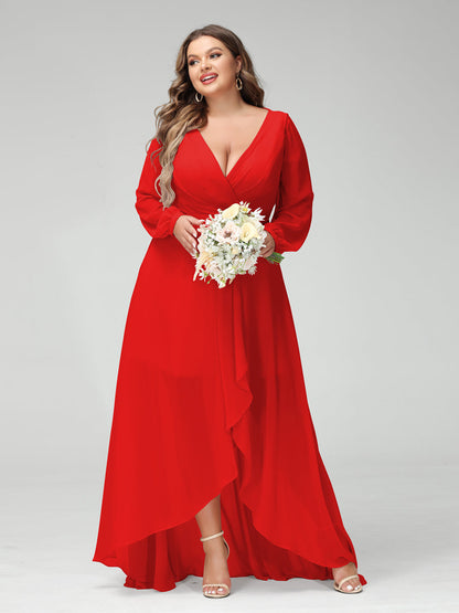 Vestidos Princesa/ Formato A Decote Em V Manga Comprida Chiffon Folhos Assimétricos Vestidos de Dama de Honra com Bolsos