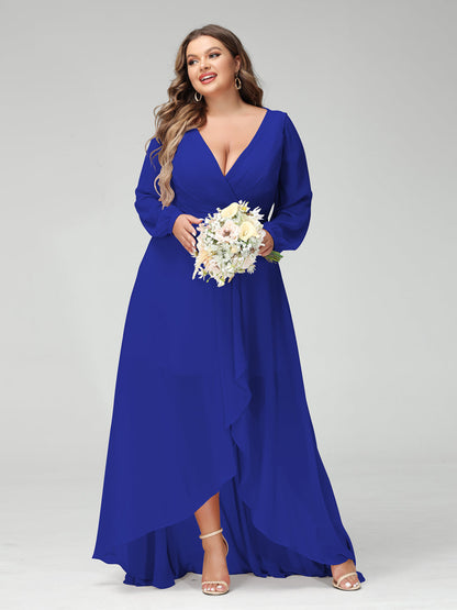 Vestidos Princesa/ Formato A Decote Em V Manga Comprida Chiffon Folhos Assimétricos Vestidos de Dama de Honra com Bolsos