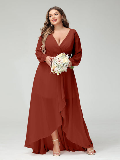 Vestidos Princesa/ Formato A Decote Em V Manga Comprida Chiffon Folhos Assimétricos Vestidos de Dama de Honra com Bolsos