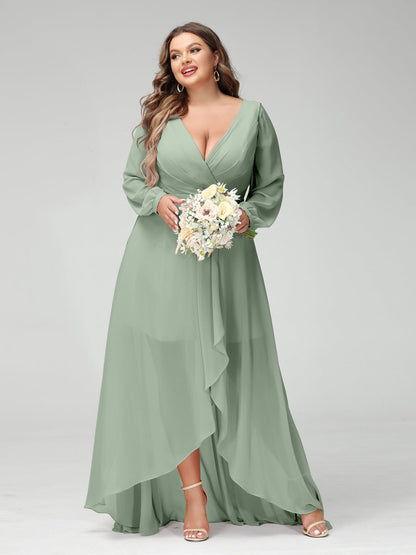 Vestidos Princesa/ Formato A Decote Em V Manga Comprida Chiffon Folhos Assimétricos Vestidos de Dama de Honra com Bolsos