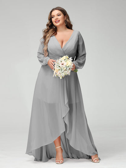 Vestidos Princesa/ Formato A Decote Em V Manga Comprida Chiffon Folhos Assimétricos Vestidos de Dama de Honra com Bolsos