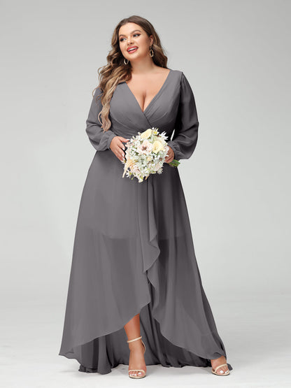 Vestidos Princesa/ Formato A Decote Em V Manga Comprida Chiffon Folhos Assimétricos Vestidos de Dama de Honra com Bolsos