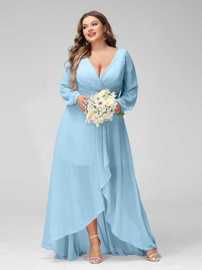 Vestidos Princesa/ Formato A Decote Em V Manga Comprida Chiffon Folhos Assimétricos Vestidos de Dama de Honra com Bolsos