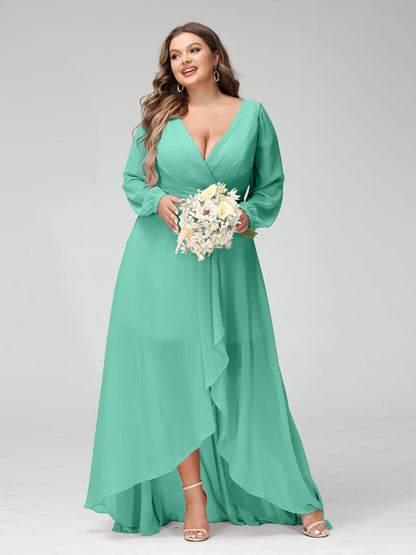 Vestidos Princesa/ Formato A Decote Em V Manga Comprida Chiffon Folhos Assimétricos Vestidos de Dama de Honra com Bolsos