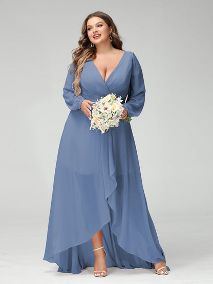 Vestidos Princesa/ Formato A Decote Em V Manga Comprida Chiffon Folhos Assimétricos Vestidos de Dama de Honra com Bolsos