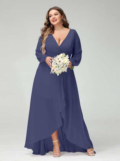 Vestidos Princesa/ Formato A Decote Em V Manga Comprida Chiffon Folhos Assimétricos Vestidos de Dama de Honra com Bolsos