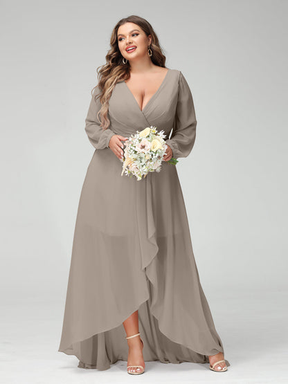 Vestidos Princesa/ Formato A Decote Em V Manga Comprida Chiffon Folhos Assimétricos Vestidos de Dama de Honra com Bolsos