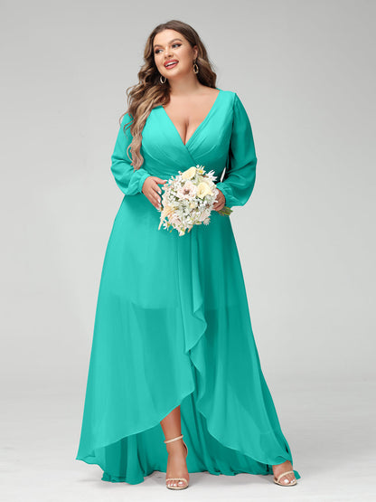 Vestidos Princesa/ Formato A Decote Em V Manga Comprida Chiffon Folhos Assimétricos Vestidos de Dama de Honra com Bolsos