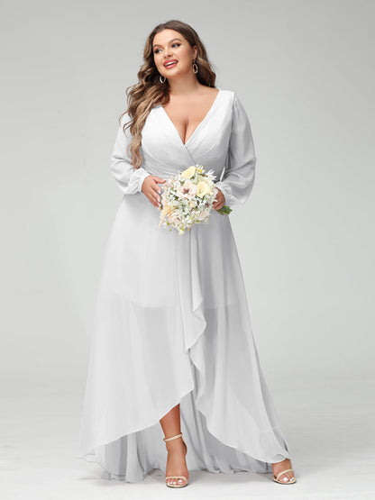 Vestidos Princesa/ Formato A Decote Em V Manga Comprida Chiffon Folhos Assimétricos Vestidos de Dama de Honra com Bolsos