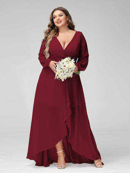 Vestidos Princesa/ Formato A Decote Em V Manga Comprida Chiffon Folhos Assimétricos Vestidos de Dama de Honra com Bolsos