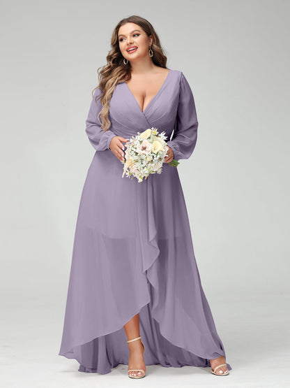 Vestidos Princesa/ Formato A Decote Em V Manga Comprida Chiffon Folhos Assimétricos Vestidos de Dama de Honra com Bolsos