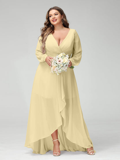 Vestidos Princesa/ Formato A Decote Em V Manga Comprida Chiffon Folhos Assimétricos Vestidos de Dama de Honra com Bolsos
