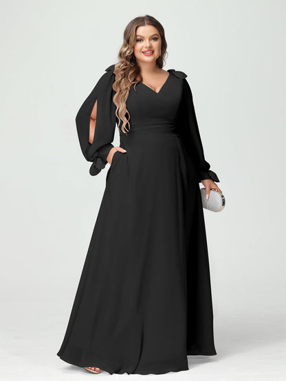 Corte A/Princesa Decote Em V Manga Comprida Chiffon Dividido Lateral Plus Size Vestidos de Dama de Honra com Bolsos