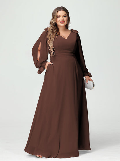Corte A/Princesa Decote Em V Manga Comprida Chiffon Dividido Lateral Plus Size Vestidos de Dama de Honra com Bolsos