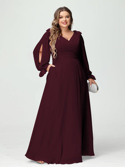 Corte A/Princesa Decote Em V Manga Comprida Chiffon Dividido Lateral Plus Size Vestidos de Dama de Honra com Bolsos