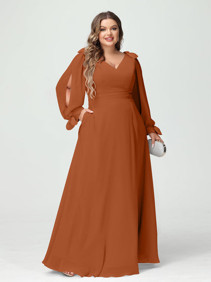 Corte A/Princesa Decote Em V Manga Comprida Chiffon Dividido Lateral Plus Size Vestidos de Dama de Honra com Bolsos