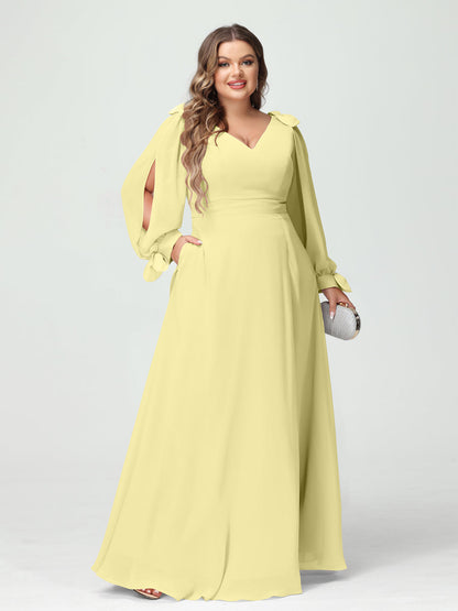 Corte A/Princesa Decote Em V Manga Comprida Chiffon Dividido Lateral Plus Size Vestidos de Dama de Honra com Bolsos