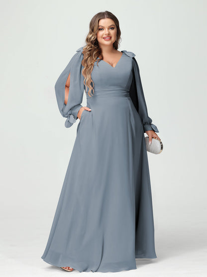 Corte A/Princesa Decote Em V Manga Comprida Chiffon Dividido Lateral Plus Size Vestidos de Dama de Honra com Bolsos