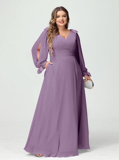 Corte A/Princesa Decote Em V Manga Comprida Chiffon Dividido Lateral Plus Size Vestidos de Dama de Honra com Bolsos