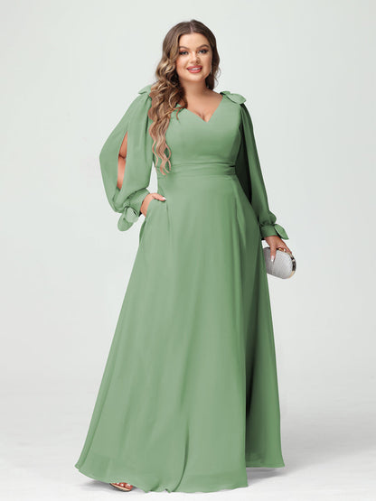 Corte A/Princesa Decote Em V Manga Comprida Chiffon Dividido Lateral Plus Size Vestidos de Dama de Honra com Bolsos