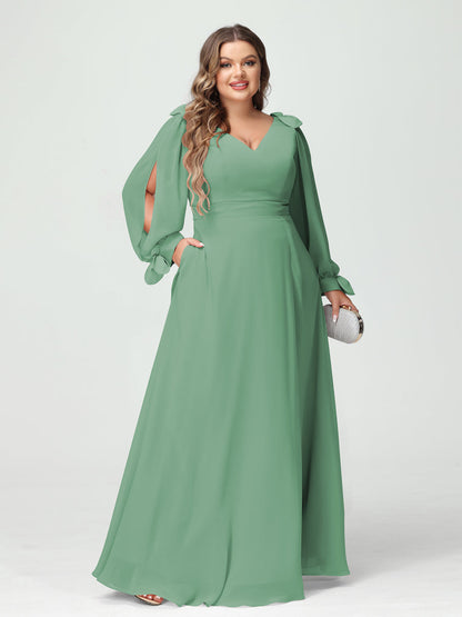 Corte A/Princesa Decote Em V Manga Comprida Chiffon Dividido Lateral Plus Size Vestidos de Dama de Honra com Bolsos