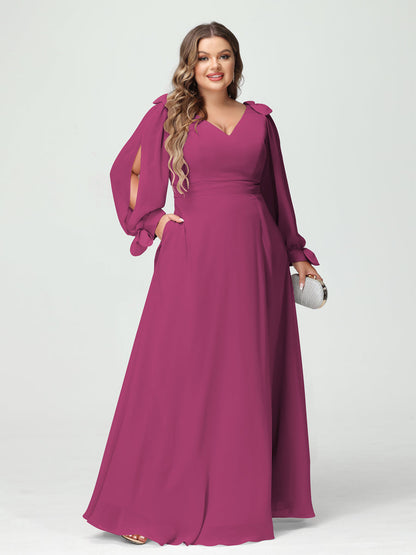 Corte A/Princesa Decote Em V Manga Comprida Chiffon Dividido Lateral Plus Size Vestidos de Dama de Honra com Bolsos