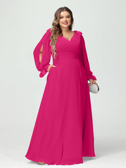 Corte A/Princesa Decote Em V Manga Comprida Chiffon Dividido Lateral Plus Size Vestidos de Dama de Honra com Bolsos