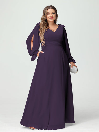 Corte A/Princesa Decote Em V Manga Comprida Chiffon Dividido Lateral Plus Size Vestidos de Dama de Honra com Bolsos