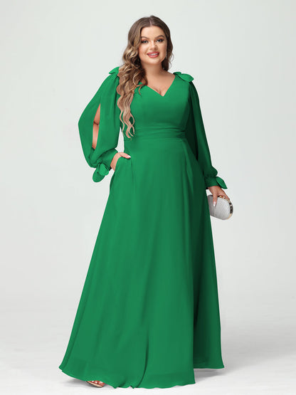 Corte A/Princesa Decote Em V Manga Comprida Chiffon Dividido Lateral Plus Size Vestidos de Dama de Honra com Bolsos