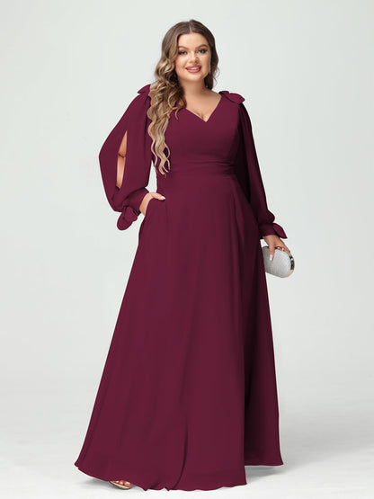 Corte A/Princesa Decote Em V Manga Comprida Chiffon Dividido Lateral Plus Size Vestidos de Dama de Honra com Bolsos