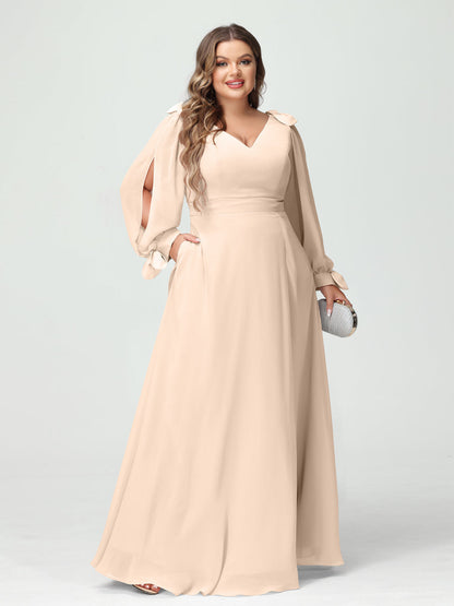 Corte A/Princesa Decote Em V Manga Comprida Chiffon Dividido Lateral Plus Size Vestidos de Dama de Honra com Bolsos