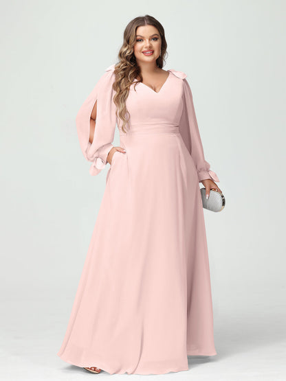 Corte A/Princesa Decote Em V Manga Comprida Chiffon Dividido Lateral Plus Size Vestidos de Dama de Honra com Bolsos