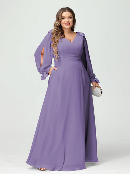 Corte A/Princesa Decote Em V Manga Comprida Chiffon Dividido Lateral Plus Size Vestidos de Dama de Honra com Bolsos