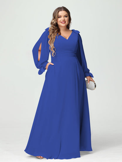 Corte A/Princesa Decote Em V Manga Comprida Chiffon Dividido Lateral Plus Size Vestidos de Dama de Honra com Bolsos