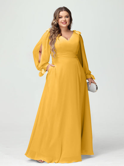 Corte A/Princesa Decote Em V Manga Comprida Chiffon Dividido Lateral Plus Size Vestidos de Dama de Honra com Bolsos