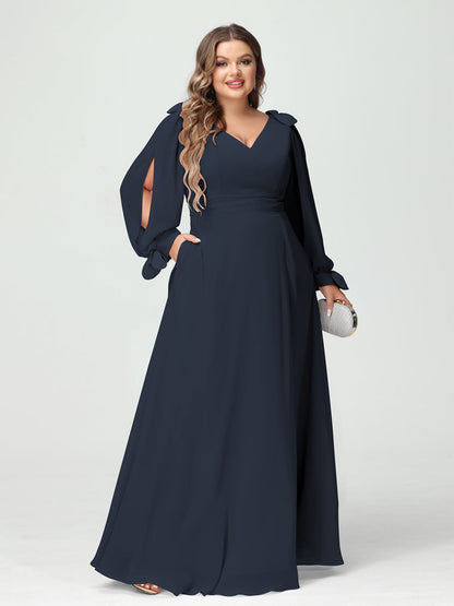 Corte A/Princesa Decote Em V Manga Comprida Chiffon Dividido Lateral Plus Size Vestidos de Dama de Honra com Bolsos