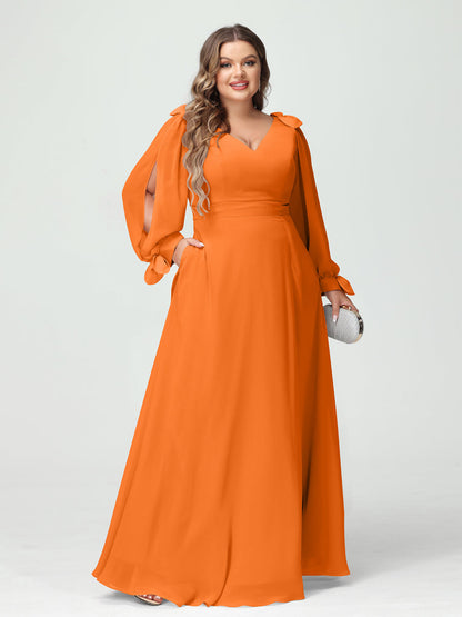 Corte A/Princesa Decote Em V Manga Comprida Chiffon Dividido Lateral Plus Size Vestidos de Dama de Honra com Bolsos