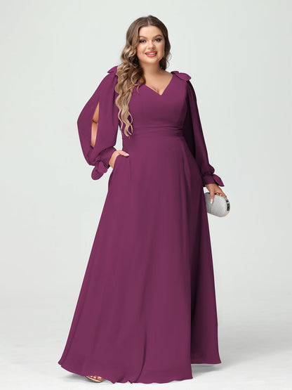 Corte A/Princesa Decote Em V Manga Comprida Chiffon Dividido Lateral Plus Size Vestidos de Dama de Honra com Bolsos