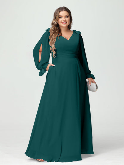Corte A/Princesa Decote Em V Manga Comprida Chiffon Dividido Lateral Plus Size Vestidos de Dama de Honra com Bolsos