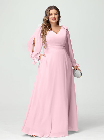Corte A/Princesa Decote Em V Manga Comprida Chiffon Dividido Lateral Plus Size Vestidos de Dama de Honra com Bolsos