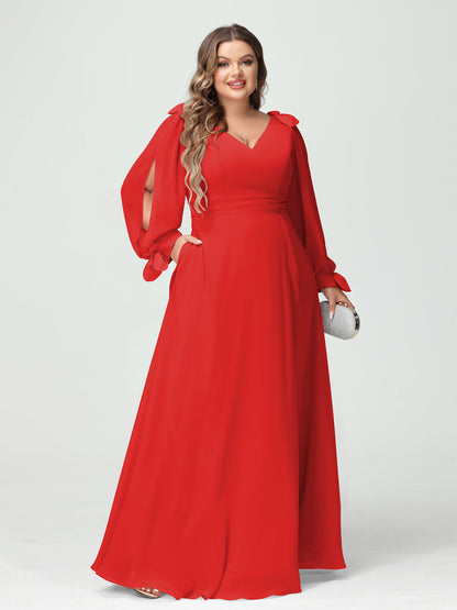 Corte A/Princesa Decote Em V Manga Comprida Chiffon Dividido Lateral Plus Size Vestidos de Dama de Honra com Bolsos