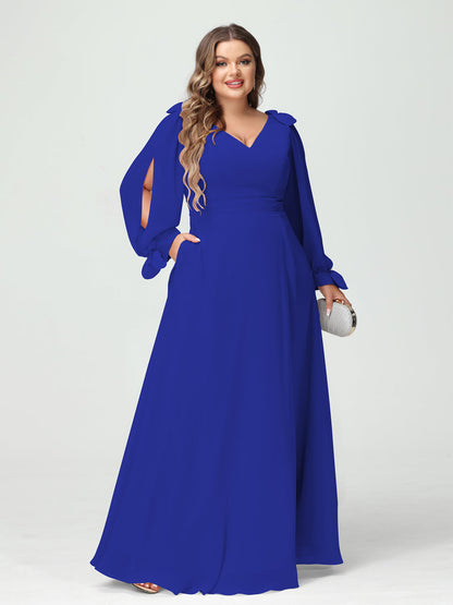 Corte A/Princesa Decote Em V Manga Comprida Chiffon Dividido Lateral Plus Size Vestidos de Dama de Honra com Bolsos